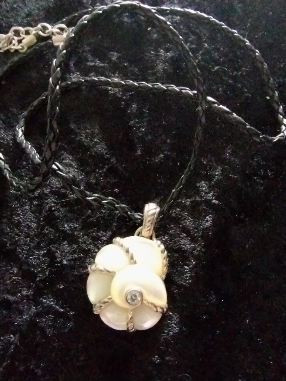 Judith Ripka 925 Mother of Pearl CZ Nautilus Shell Enhancer Pendant Leather Cord